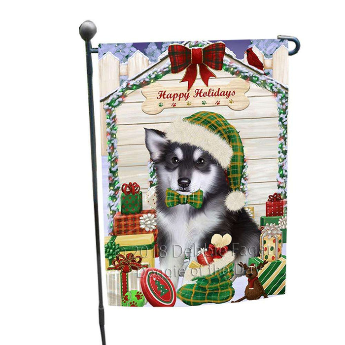 Happy Holidays Christmas Alaskan Malamute Dog House with Presents Garden Flag GFLG51222