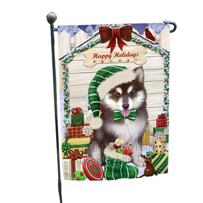 Happy Holidays Christmas Alaskan Malamute Dog House with Presents Garden Flag GFLG51223