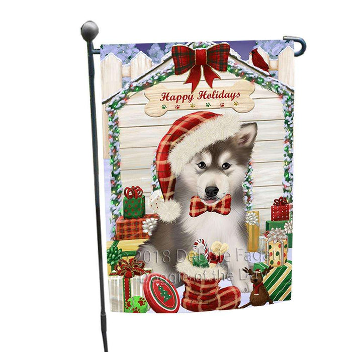 Happy Holidays Christmas Alaskan Malamute Dog House with Presents Garden Flag GFLG51224