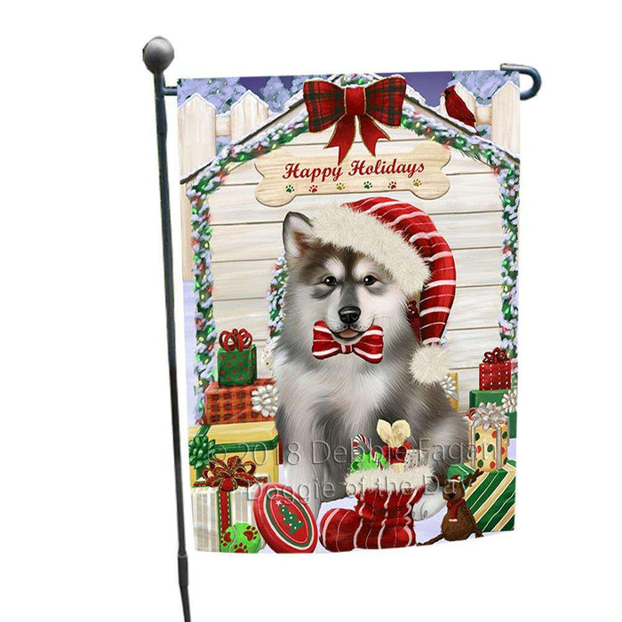 Happy Holidays Christmas Alaskan Malamute Dog House with Presents Garden Flag GFLG51225