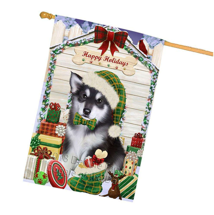 Happy Holidays Christmas Alaskan Malamute Dog House with Presents House Flag FLG51358