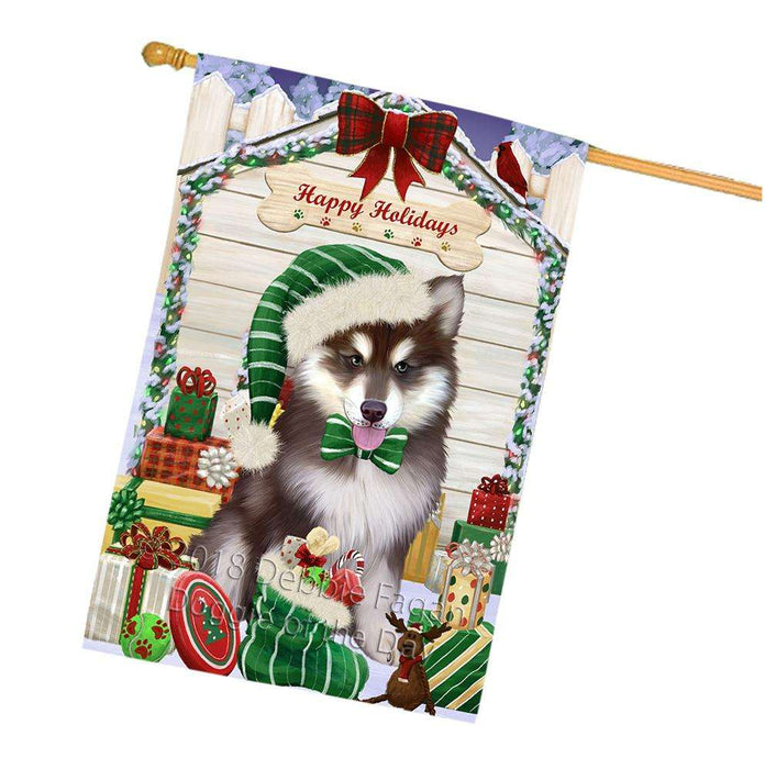 Happy Holidays Christmas Alaskan Malamute Dog House with Presents House Flag FLG51359