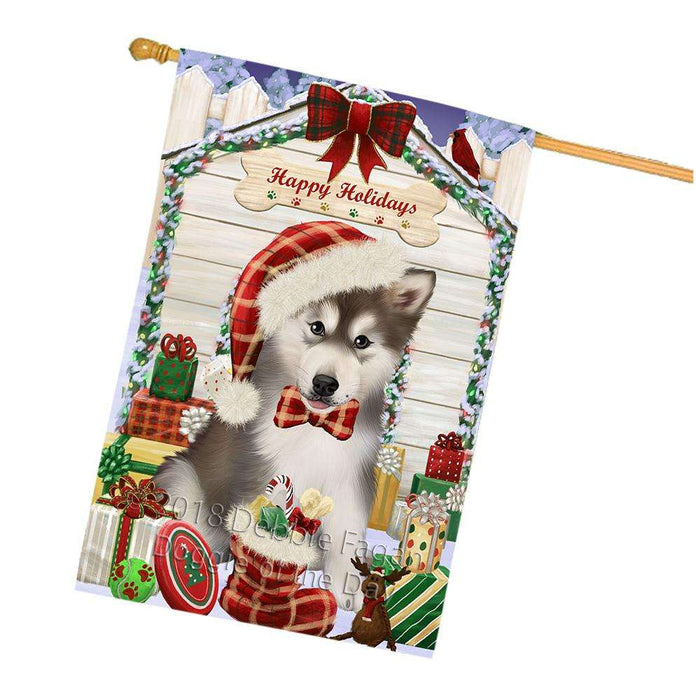 Happy Holidays Christmas Alaskan Malamute Dog House with Presents House Flag FLG51360