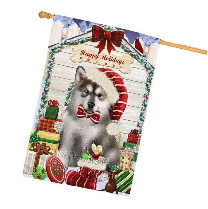 Happy Holidays Christmas Alaskan Malamute Dog House with Presents House Flag FLG51361