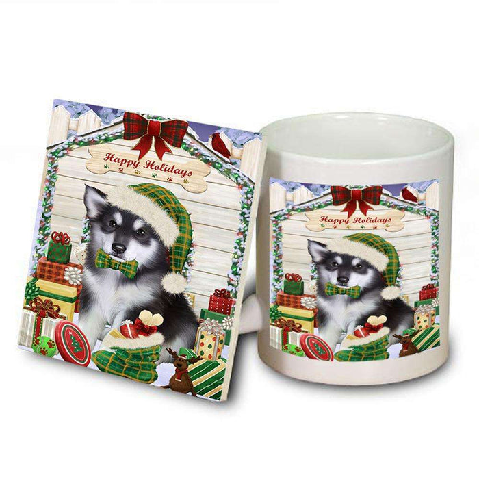 Happy Holidays Christmas Alaskan Malamute Dog House with Presents Mug and Coaster Set MUC51292