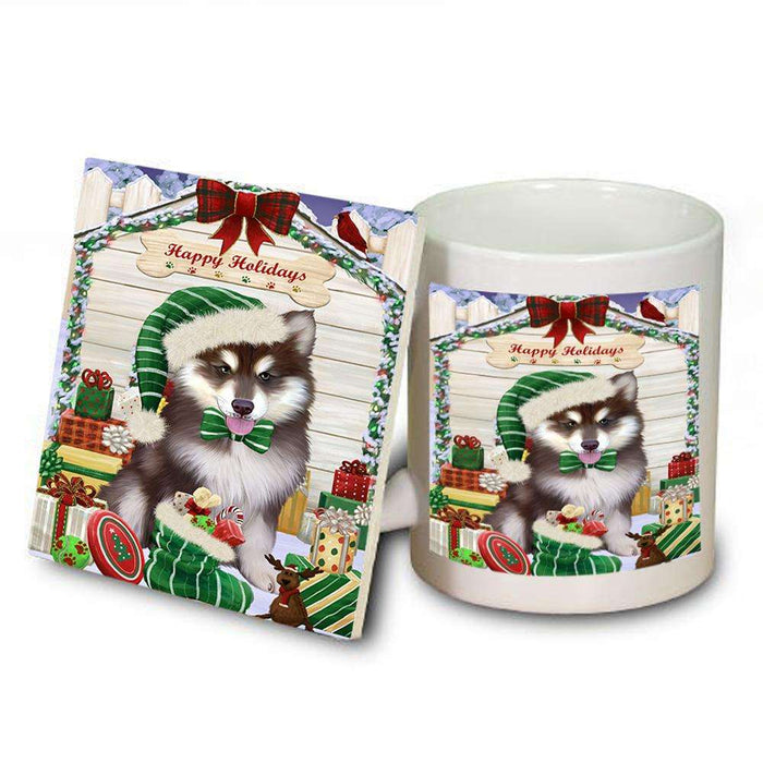 Happy Holidays Christmas Alaskan Malamute Dog House with Presents Mug and Coaster Set MUC51293
