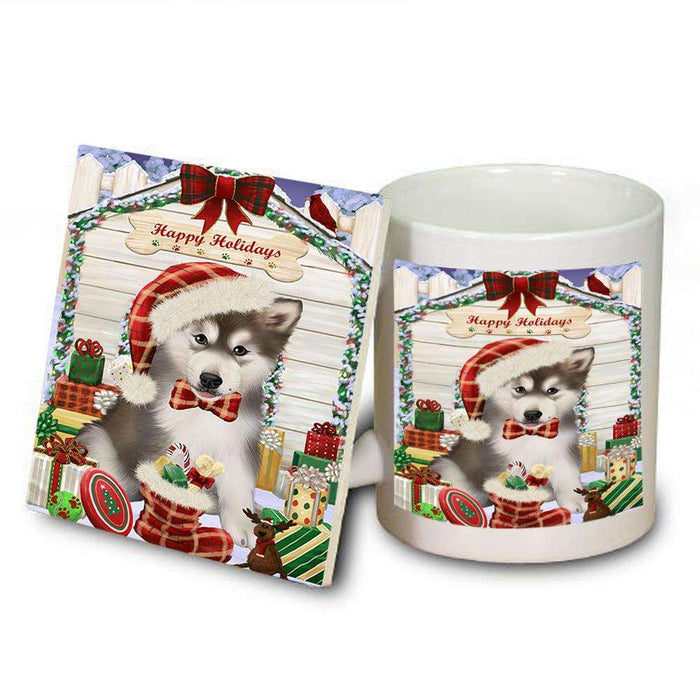 Happy Holidays Christmas Alaskan Malamute Dog House with Presents Mug and Coaster Set MUC51294