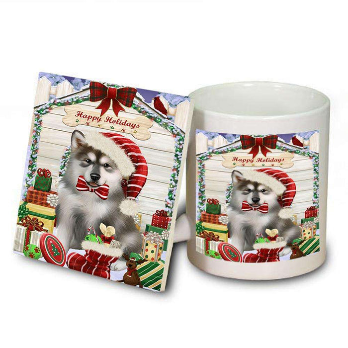 Happy Holidays Christmas Alaskan Malamute Dog House with Presents Mug and Coaster Set MUC51295