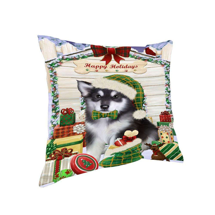 Happy Holidays Christmas Alaskan Malamute Dog House with Presents Pillow PIL61264