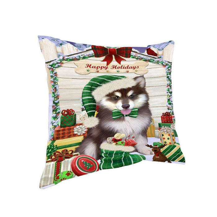 Happy Holidays Christmas Alaskan Malamute Dog House with Presents Pillow PIL61268