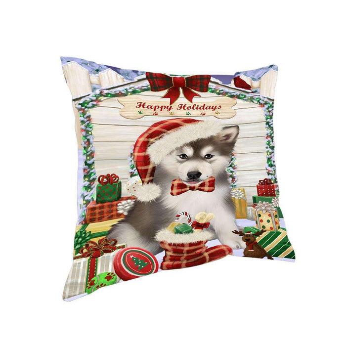 Happy Holidays Christmas Alaskan Malamute Dog House with Presents Pillow PIL61272