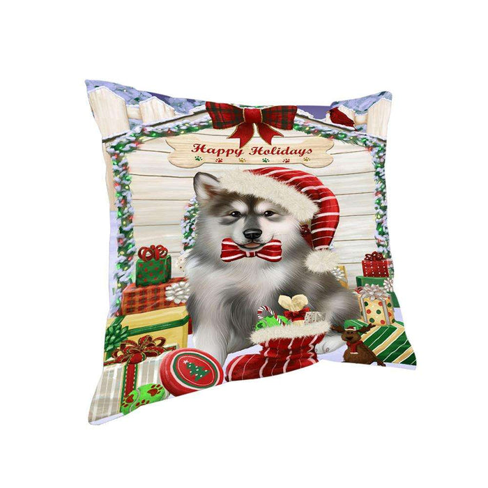 Happy Holidays Christmas Alaskan Malamute Dog House with Presents Pillow PIL61276