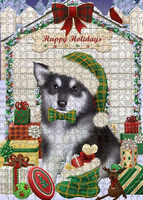 Happy Holidays Christmas Alaskan Malamute Dog House with Presents Puzzle with Photo Tin PUZL57762