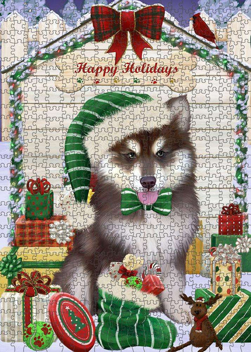 Happy Holidays Christmas Alaskan Malamute Dog House with Presents Puzzle with Photo Tin PUZL57765