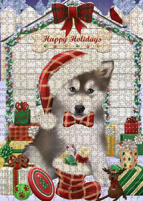 Happy Holidays Christmas Alaskan Malamute Dog House with Presents Puzzle with Photo Tin PUZL57768