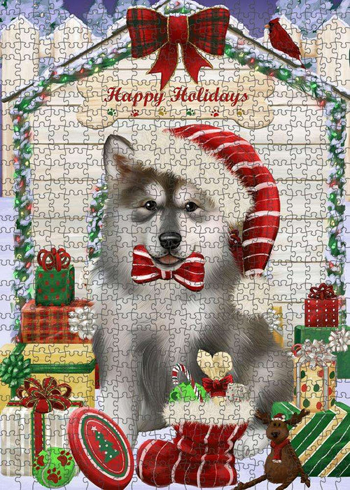 Happy Holidays Christmas Alaskan Malamute Dog House with Presents Puzzle with Photo Tin PUZL57771