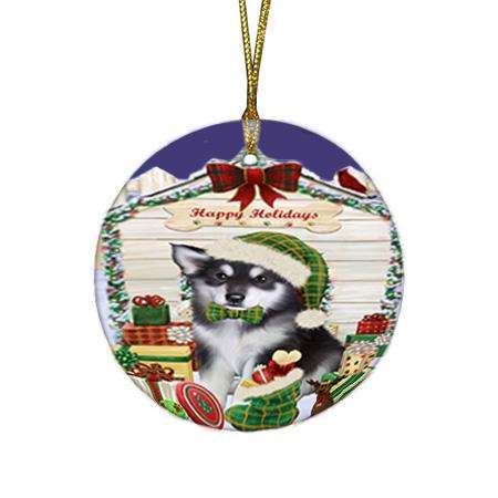 Happy Holidays Christmas Alaskan Malamute Dog House with Presents Round Flat Christmas Ornament RFPOR51291