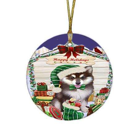 Happy Holidays Christmas Alaskan Malamute Dog House with Presents Round Flat Christmas Ornament RFPOR51292