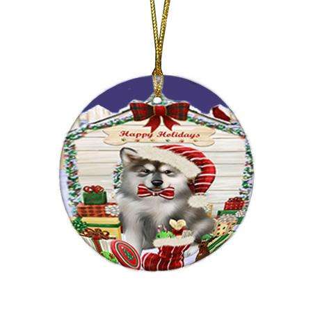 Happy Holidays Christmas Alaskan Malamute Dog House with Presents Round Flat Christmas Ornament RFPOR51294