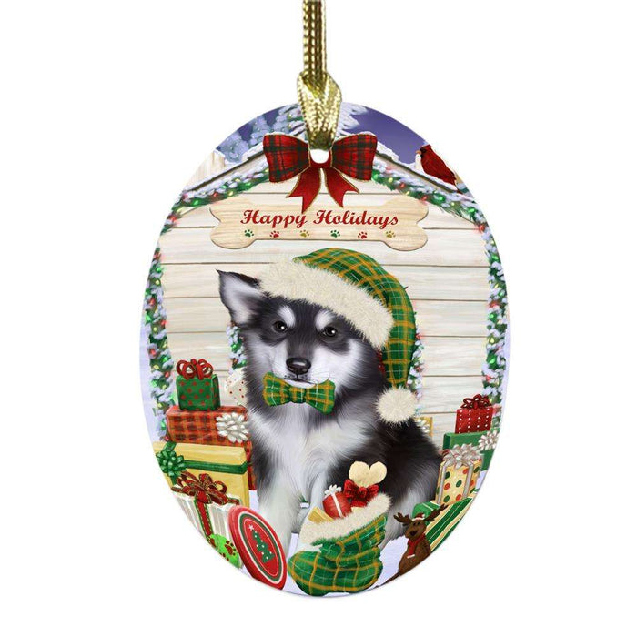 Happy Holidays Christmas Alaskan Malamute House With Presents Oval Glass Christmas Ornament OGOR49746