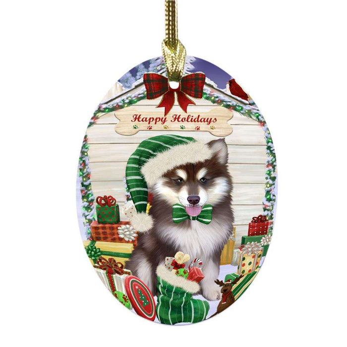Happy Holidays Christmas Alaskan Malamute House With Presents Oval Glass Christmas Ornament OGOR49747