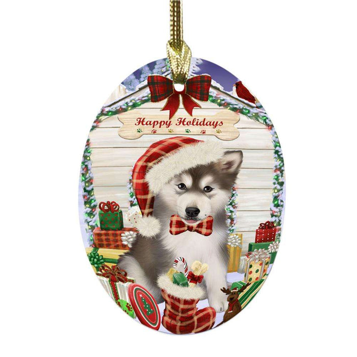 Happy Holidays Christmas Alaskan Malamute House With Presents Oval Glass Christmas Ornament OGOR49748