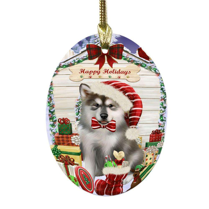 Happy Holidays Christmas Alaskan Malamute House With Presents Oval Glass Christmas Ornament OGOR49749