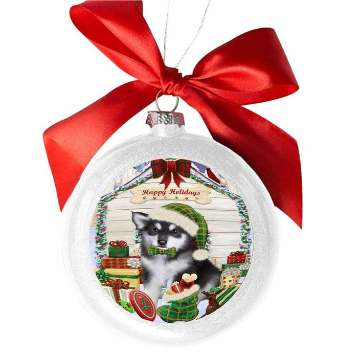 Happy Holidays Christmas Alaskan Malamute House With Presents White Round Ball Christmas Ornament WBSOR49746