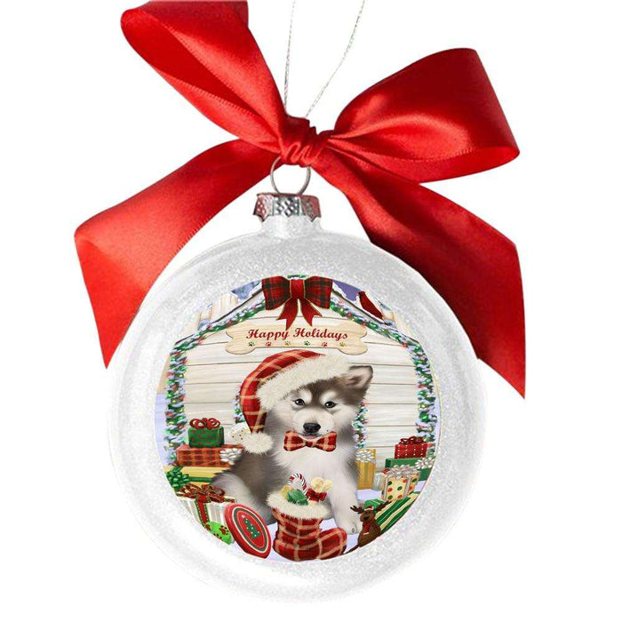 Happy Holidays Christmas Alaskan Malamute House With Presents White Round Ball Christmas Ornament WBSOR49748