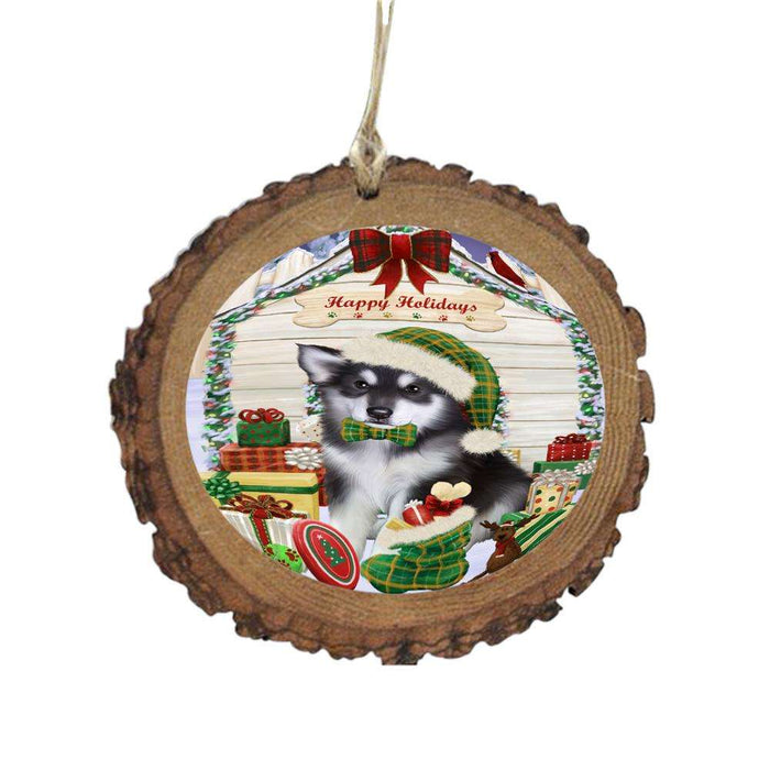 Happy Holidays Christmas Alaskan Malamute House With Presents Wooden Christmas Ornament WOR49746