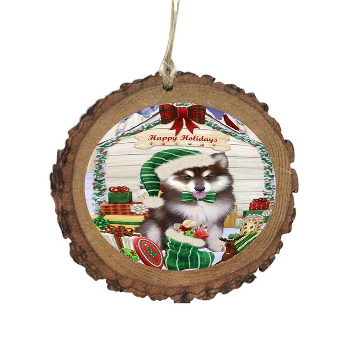 Happy Holidays Christmas Alaskan Malamute House With Presents Wooden Christmas Ornament WOR49747