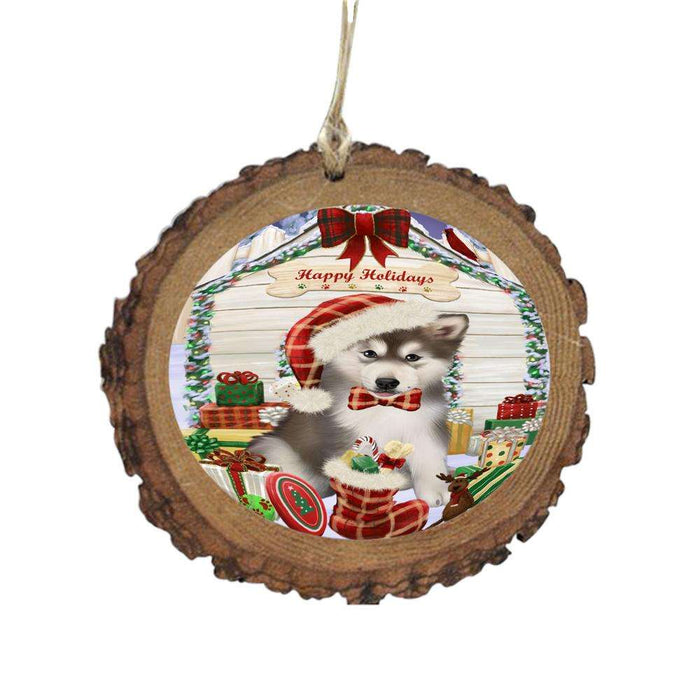 Happy Holidays Christmas Alaskan Malamute House With Presents Wooden Christmas Ornament WOR49748