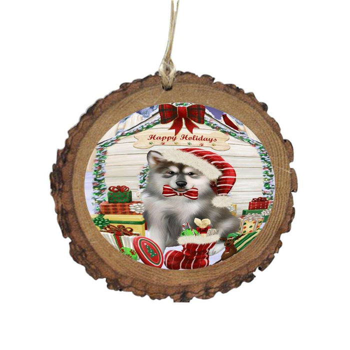 Happy Holidays Christmas Alaskan Malamute House With Presents Wooden Christmas Ornament WOR49749