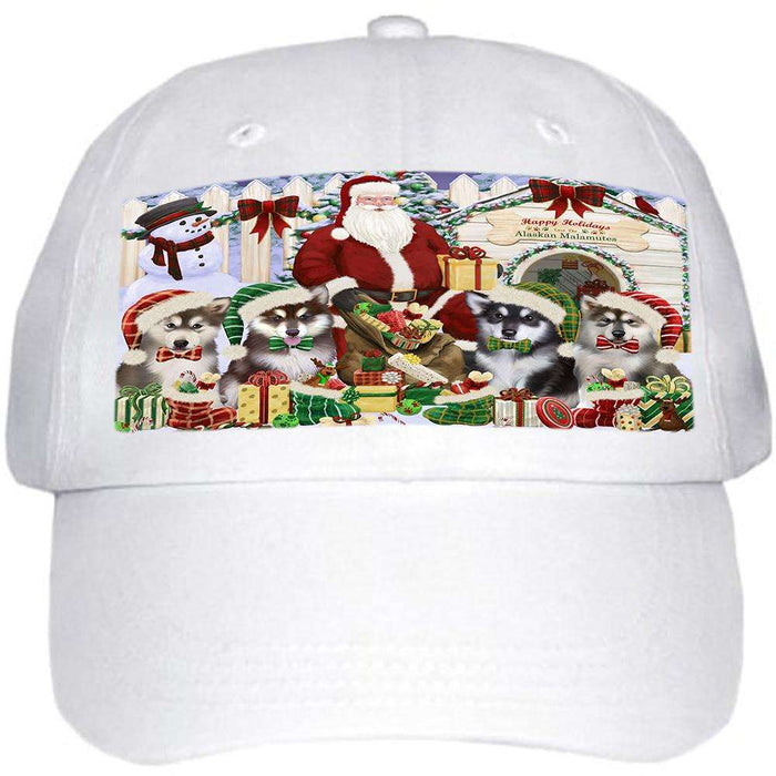 Happy Holidays Christmas Alaskan Malamutes Dog House Gathering Ball Hat Cap HAT57543