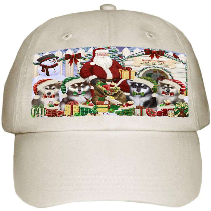 Happy Holidays Christmas Alaskan Malamutes Dog House Gathering Ball Hat Cap HAT57543