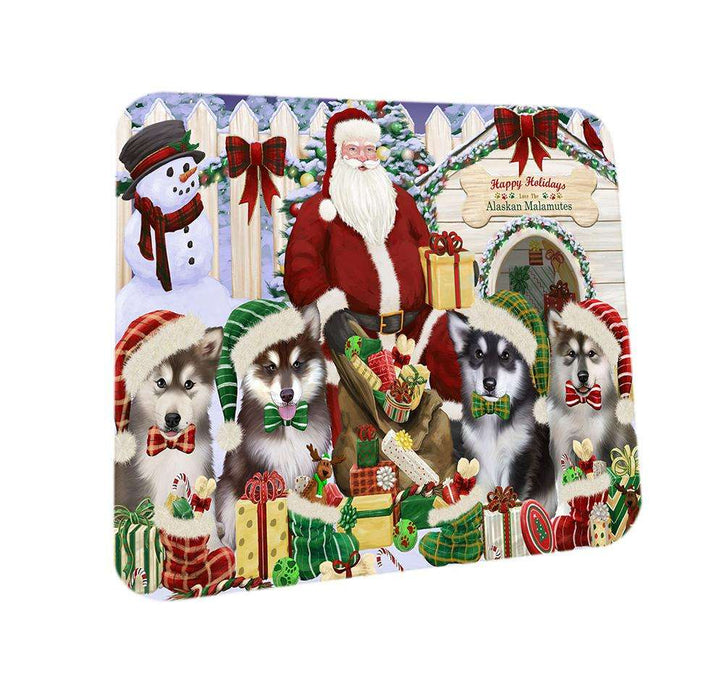 Happy Holidays Christmas Alaskan Malamutes Dog House Gathering Coasters Set of 4 CST51229