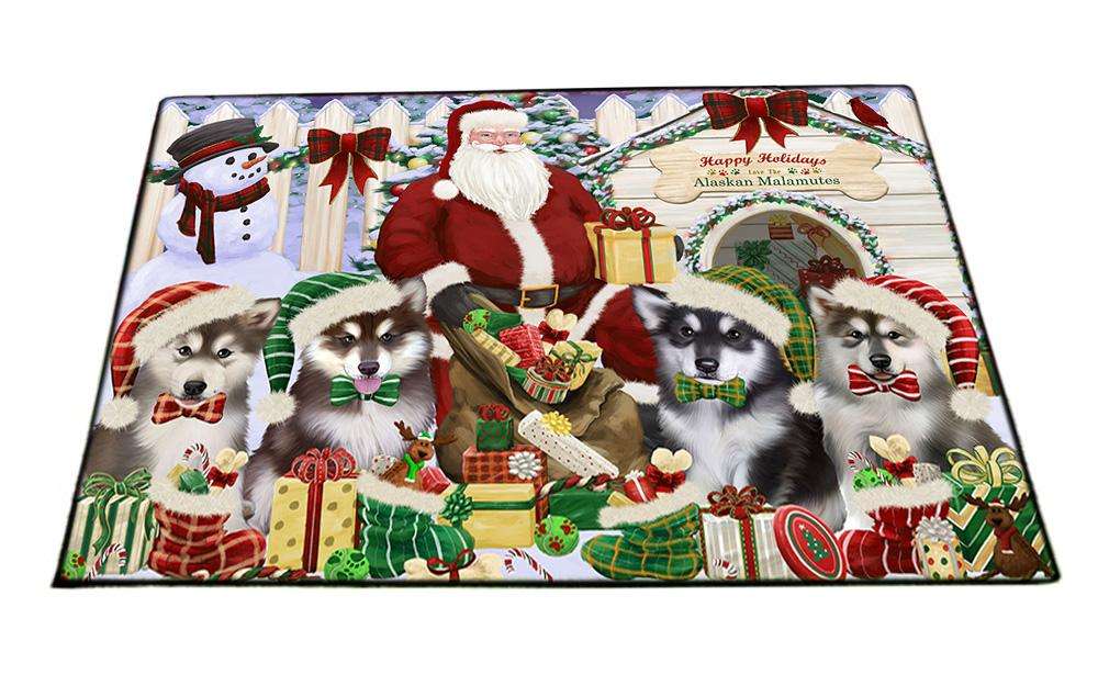 Happy Holidays Christmas Alaskan Malamutes Dog House Gathering Floormat FLMS51021