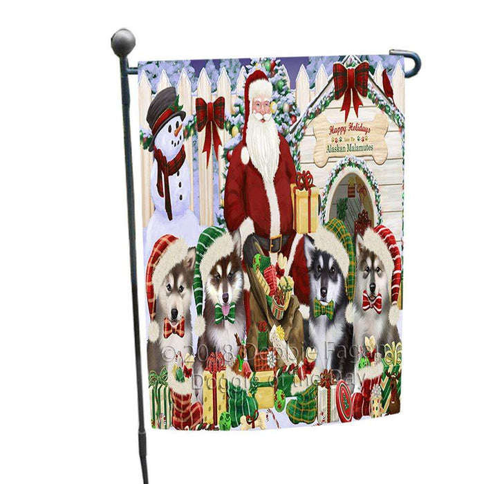 Happy Holidays Christmas Alaskan Malamutes Dog House Gathering Garden Flag GFLG51192