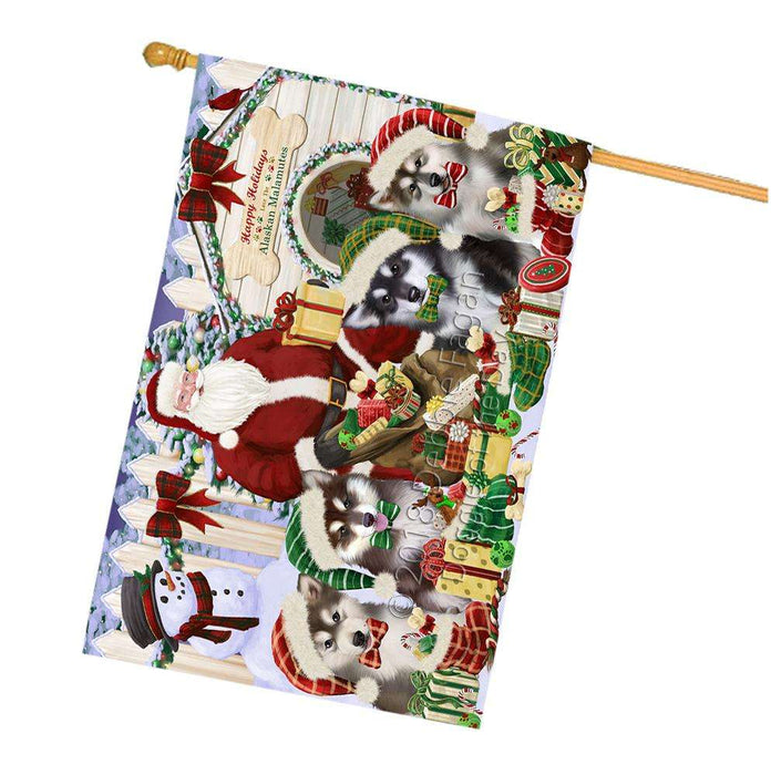 Happy Holidays Christmas Alaskan Malamutes Dog House Gathering House Flag FLG51328