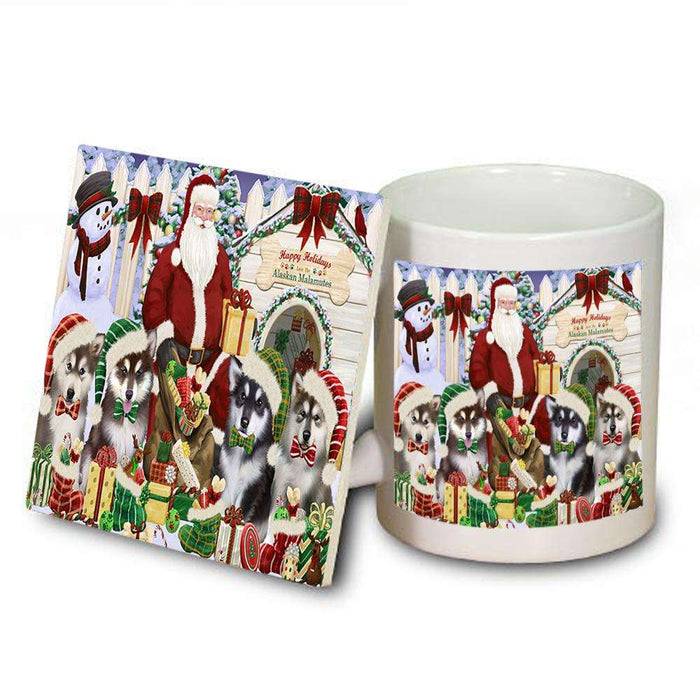 Happy Holidays Christmas Alaskan Malamutes Dog House Gathering Mug and Coaster Set MUC51262