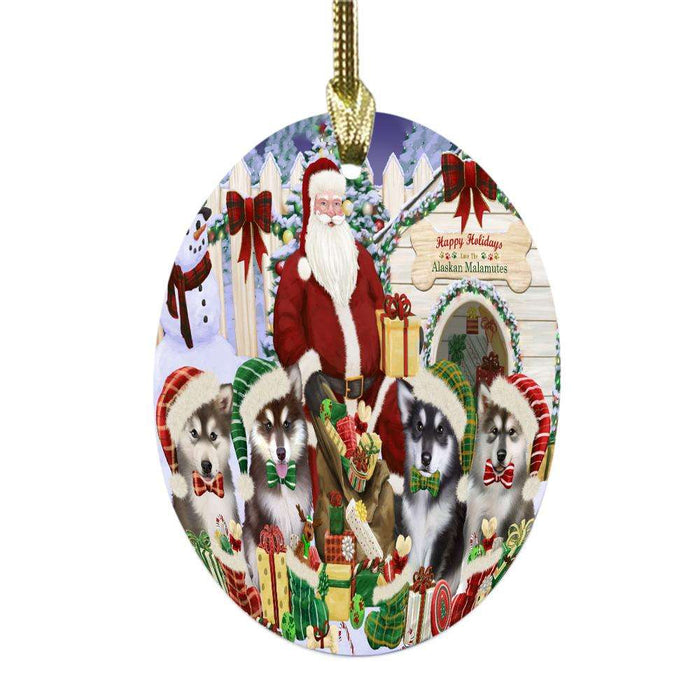 Happy Holidays Christmas Alaskan Malamutes Dog House Gathering Oval Glass Christmas Ornament OGOR49673