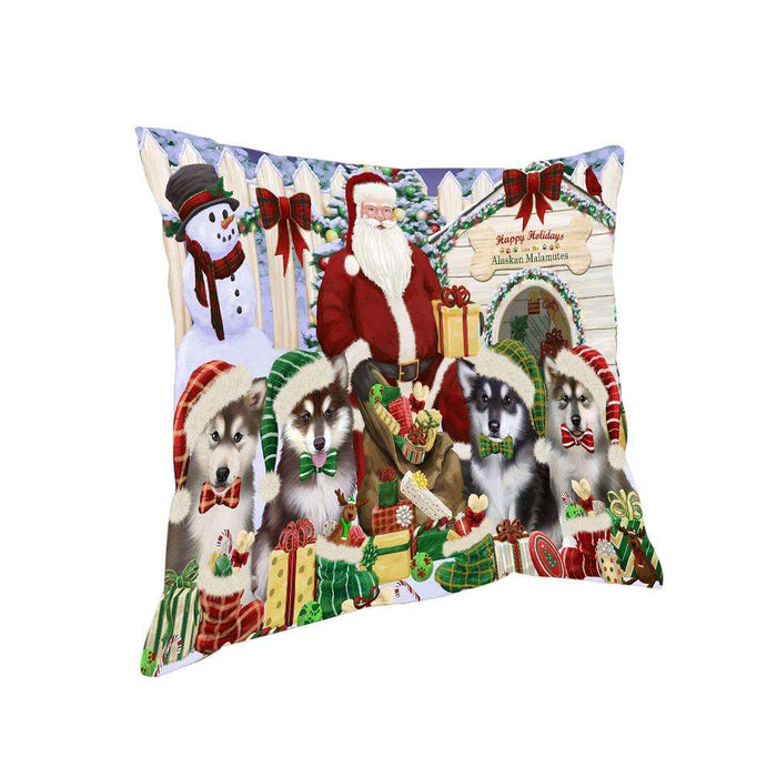 Happy Holidays Christmas Alaskan Malamutes Dog House Gathering Pillow PIL61144