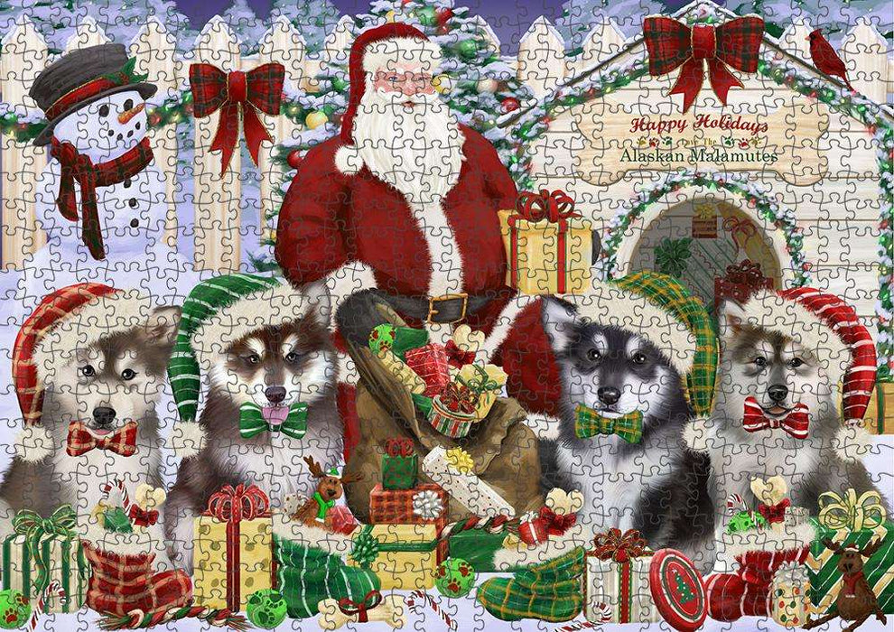 Happy Holidays Christmas Alaskan Malamutes Dog House Gathering Puzzle with Photo Tin PUZL57672