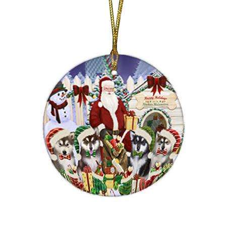 Happy Holidays Christmas Alaskan Malamutes Dog House Gathering Round Flat Christmas Ornament RFPOR51261