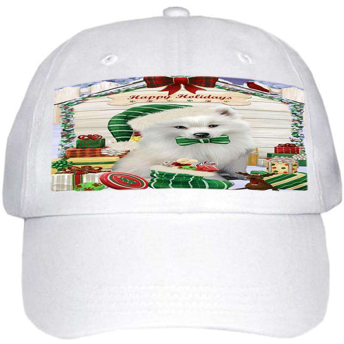 Happy Holidays Christmas American Eskimo Dog House with Presents Ball Hat Cap HAT57645
