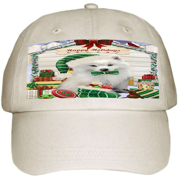 Happy Holidays Christmas American Eskimo Dog House with Presents Ball Hat Cap HAT57645
