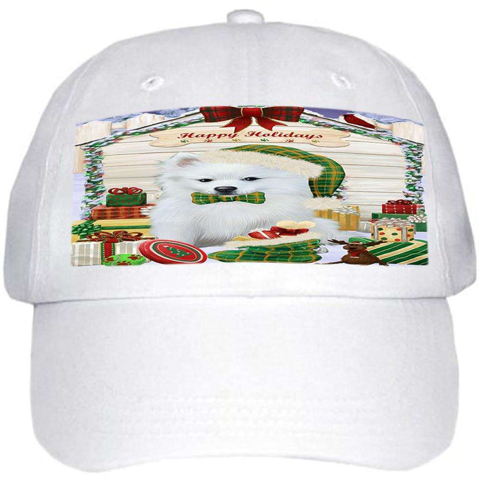 Happy Holidays Christmas American Eskimo Dog House with Presents Ball Hat Cap HAT57648