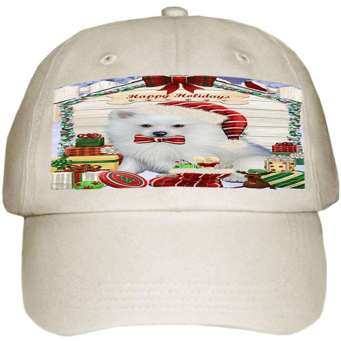 Happy Holidays Christmas American Eskimo Dog House with Presents Ball Hat Cap HAT57651