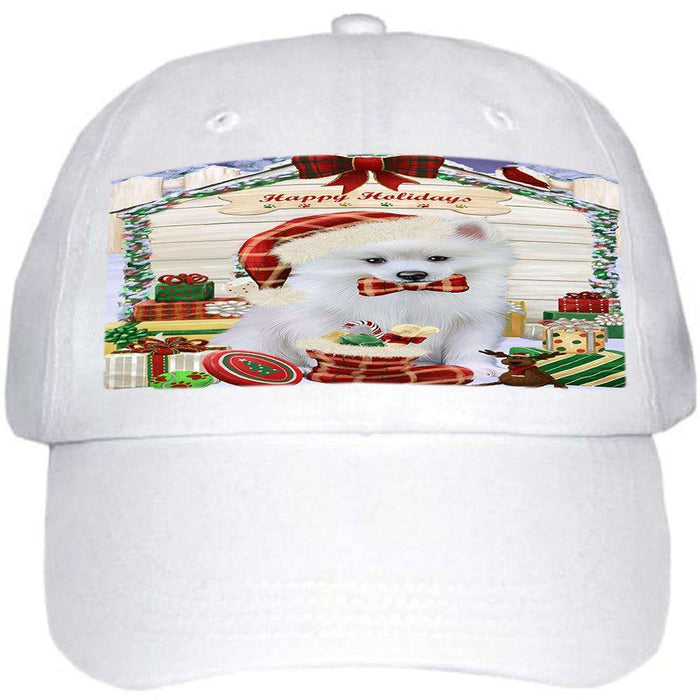Happy Holidays Christmas American Eskimo Dog House with Presents Ball Hat Cap HAT57654