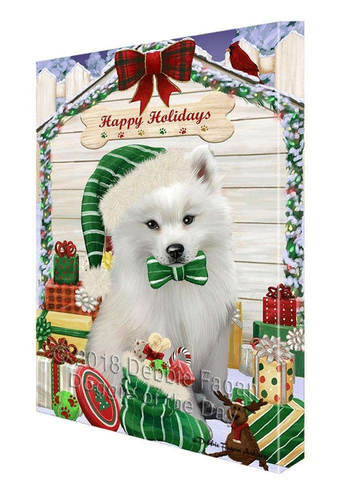 Happy Holidays Christmas American Eskimo Dog House with Presents Canvas Print Wall Art Décor CVS78326